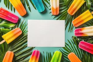 brillante, atractivo verano rebaja Propaganda con blanco blanco sábana de papel para texto. vistoso Paletas de hielo en brillante colores, tropical palma hojas. verano vistoso plantilla, bandera para descuentos, póster, texto foto