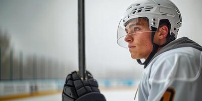 A hockey player in a white helmet and jersey stands sideways and holds a stick. Hockey arena in the background. Copy space photo