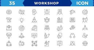 Workshop web icon set. Containing team building, collaboration, teamwork, coaching, goals, problem-solving and education,Workshop outline icons with Includes Presentation, Managing, vector