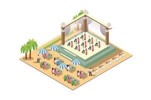 Isometric 3d concept illustration of enjoying a dance performance on a Music Event stage with dancing,people eating and happy people enjoying music vector