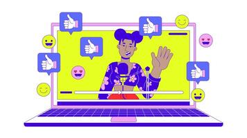 Viral blogger line 2D animation. African american female podcaster waving hello on laptop 4K motion graphic. Vblog popularity linear animated cartoon flat concept, white background video