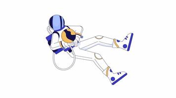 Astronaut holding planet line 2D character animation. Outer space researching flat color cartoon 4K , alpha channel. Cosmos explorer in protective costume animated person on white background video