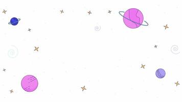 Bouncing planets and blinking stars in space cartoon animation. Deep cosmos scene 4K motion graphic. Universe 2D animated background full frame, after hours aesthetic lofi live wallpaper video