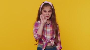 Angry girl say No hold palm folded crossed hands, warning of finish, Stop gesture, declining talk video