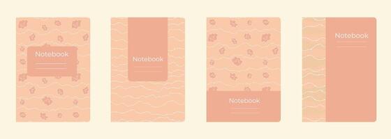 Set of cover designs for notebook, notepad, book, catalog with many wavy lines and flowers.Template for girl and school in pink and white colors. Vertical format A4,A5. vector