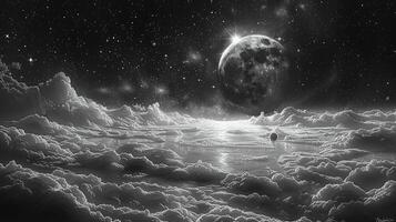 A detailed outline drawing of celestial bodies and stars. photo