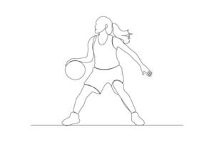 Professional basketball player Continuous line drawing. Girl playing basketball outline isolated on white background. vector