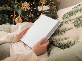 Christmas book with tree. Xmas new year university mock up design. Template empty blank, clear clean photo