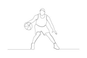 Professional basketball player continuous line drawing. Playing basketball outline isolated on white background vector
