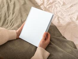 Book mockup with cover. Blank magazine template, white handbook. Mock up background design for story photo