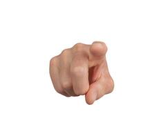 Hand gesture pointing, indicating choice with index finger. Isolated white background, human concept photo