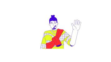 Casual fashion caucasian man waving hand line 2D character animation. Positive influencer friendly flat color cartoon 4K , alpha channel. Smiling bearded guy animated person on white background video