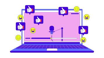 Vlogging microphone in laptop live stream line 2D object animation. Social media popularity flat color cartoon 4K , alpha channel. blog reactions animated item on white background video