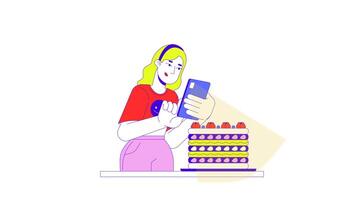 Blonde woman taking of cake with smartphone line 2D character animation. Baker blogger flat color cartoon 4K , alpha channel. Caucasian female animated person on white background video