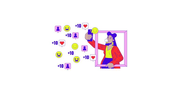 latina flicka tar selfie för social media linje 2d karaktär animation. mode influencer platt Färg tecknad serie 4k , alfa kanal. latinamerikan ung kvinna telefon animerad person på vit bakgrund 46819394 Stockvideo hos Vecteezy