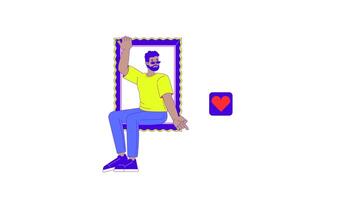 Black man clicking like on social media line 2D character animation. Active user social flat color cartoon 4K , alpha channel. African american guy in frame animated person on white background video