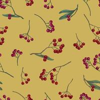 Winterberry, holly berries on branches hand drawn seamless pattern. Colored botanical background. Wallpaper with vintage drawing. Abstract design for prints, card, decor, wrap, fabric, textile. vector