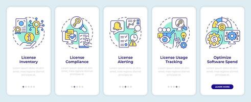 Software license key features onboarding mobile app screen. Walkthrough 5 steps editable graphic instructions with linear concepts. UI, UX, GUI template vector