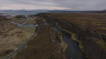 Aerial panorama of the Oxarafoss waterfalls in Iceland. Oxarafoss also called Oxararfoss is located in the Thingvellir National Park on the Oxara River. The tectonic plates of America and Eurasia. video