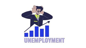 Hispanic man manager scared by fast unemployment growth line 2D animation. Crisis prediction 4K motion graphic. Latino male and graph linear animated cartoon flat concept, white background video