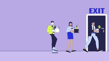 Diverse group of employees leaving company line cartoon animation. Unemployment growth 4K motion graphic. Fired multiracial colleagues 2D linear animated characters on interior background video