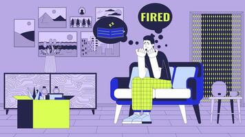 Dismissed caucasian man sitting at home line cartoon animation. Job losing problem 4K motion graphic. Fired european guy negative thoughts 2D linear animated character on interior background video