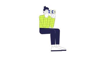 Caucasian man spectator with binoculars line 2D character animation. Enjoying distant views flat color cartoon 4K , alpha channel. European male hobby animated person on white background video