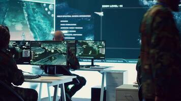 Privates team operates on radar systems to detect and track enemy aircraft or missiles, national safety within their department. Analyze weather conditions to protect planned operations. Camera A. video