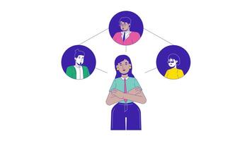 Communication corporate network line 2D animation. Leadership team 4K motion graphic. Multiracial office workers interaction linear animated cartoon flat concept, white background video