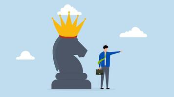 Strategy to win business competition, 4k animation of businessman pointing finger to direct with chess knight with royal crown. video