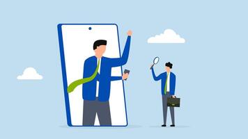 KYC, Know your customer process to identify user in online banking, 4k animation of businessman using magnifying glass to analyze and identify user in smartphone application. video