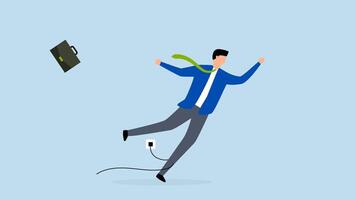 Failure or mistake, 4k animation of clumsy businessman tripping over power cord electrical plug that fell to the floor. video