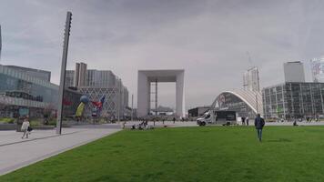 Paris, France - March 20, 2024 - The Parvis de la Defense is a square in Puteaux, located in the heart of the La Defense district, extending up to the Grande Arche video