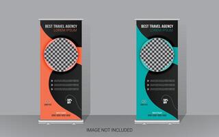 Explore and travel the world with a rollup banner design template. Travel Agency Poll-Up Banner. Roll-Up Banner Stand Template Design. vector