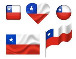 Chile flag set of icons. flag of Chile, symbol. Set of Chile flags button, waved, heart. vector