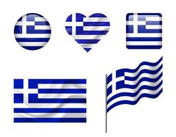 Greece flag set of icons. flag of Greece, symbol. Set of greek flags button, waved, heart. vector