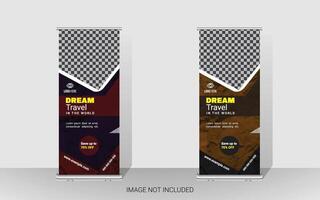 Explore and travel the world with a rollup banner design template. Travel Agency Poll-Up Banner. Roll-Up Banner Stand Template Design. vector