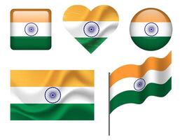 India flag set of icons. flag of India symbol. Set of Indian flags button, waved, heart. vector