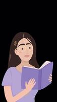 Young Girl Reading a Book On Alpha Channel 2D Animation Vertical video