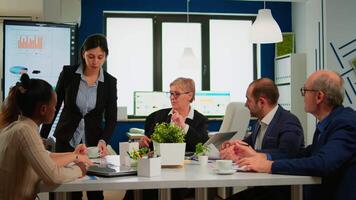 Focused woman manager executive and multiethnic team analyzing paperwork discussing project plan sharing ideas brainstorm, work together at conference table office group corporate meeting video
