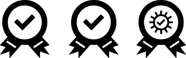 Three black icons of an award ribbon with a check mark on a white background vector
