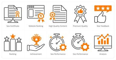 A set of 10 seo icons as seo certificate, website ranking, high quality content vector