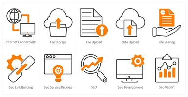 A set of 10 seo icons as internet connectivity, file storage, file upload vector