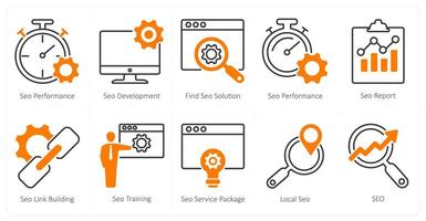A set of 10 seo icons as seo performance, seo development, find seo solution vector