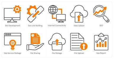 A set of 10 seo icons as seo development, seo link building, internet connectivity vector