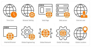 A set of 10 seo icons as time zone, browser setting, webpage vector