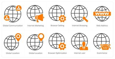 A set of 10 seo icons as global communication, internet marketing, browser setting vector