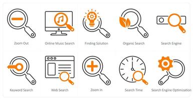 A set of 10 seo icons as zoom out, online music search, finding solution vector