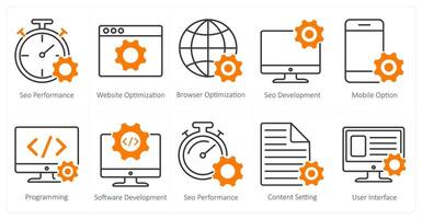 A set of 10 seo icons as seo performance, website optimization, browser optimization vector