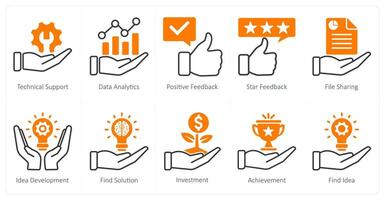 A set of 10 seo icons as technical support, data analytics, positive feedback vector